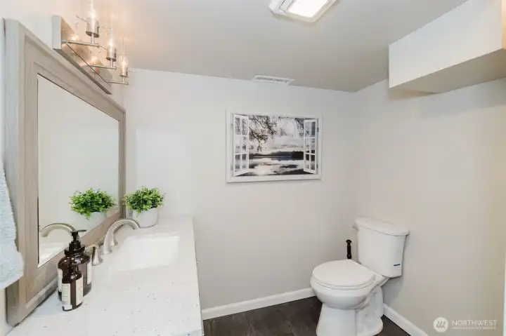 Downstairs bathroom is freshly updated and has a walk-in shower.