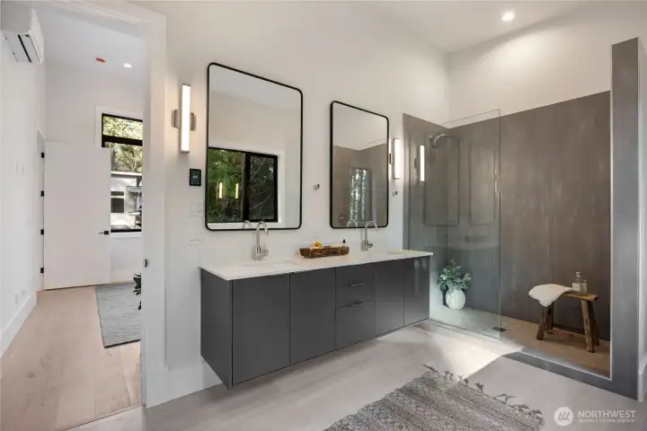 Heated tile floors in studio ensuite bath