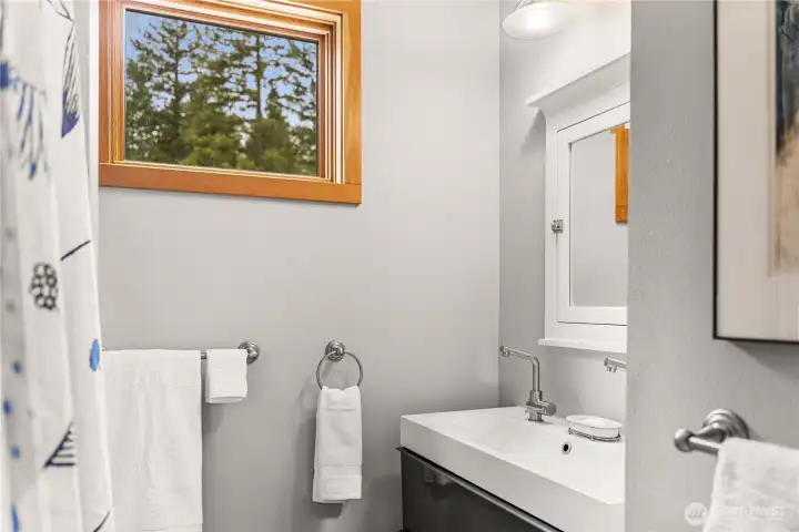 The primary bath is well appointed with cabinetry and high-end fixtures.