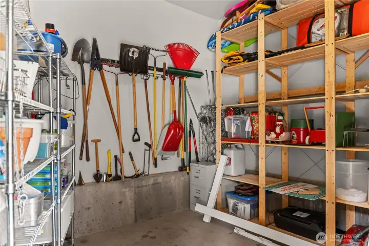 The storage room is large enough for all of your sports equipment, garden tools, and house storage.
