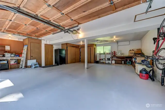 Yes, the garage is this Big!   Oversized 2-car garage with shop space.  Wide double doors open to your garage with built in shelves, more cabinet storage, and an extra refrigerator for hosting guests.