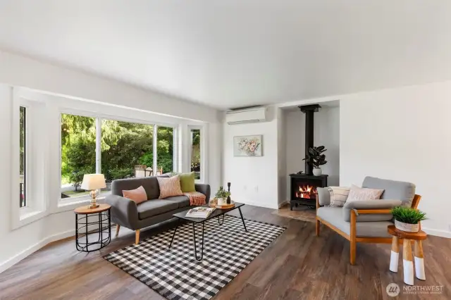 Huge bay window in living room along with propane stove and mini-split.