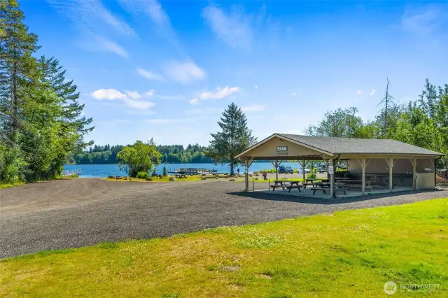 The covered picnic area offers plenty of shaded space with electricity and light. This space and the clubhouse are available to rent for parties and other gatherings.
