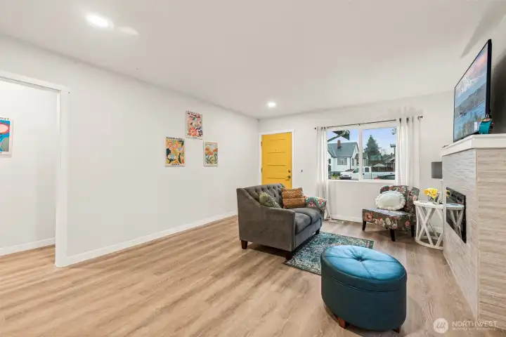 View into living area and bedroom hallway.