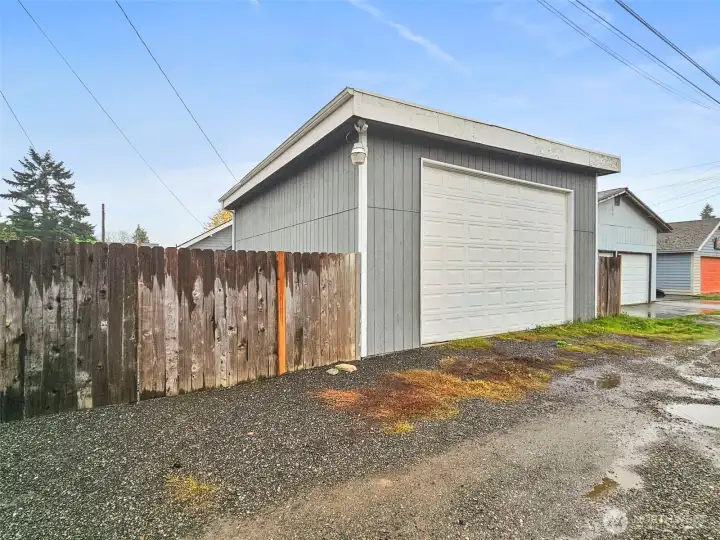 View of garage/shop from alley.