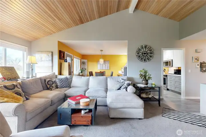 Living Room with clear cedar cathedral ceiling.