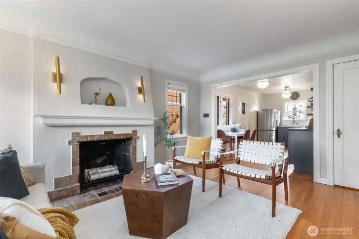 Gracious living room with lovely flow into kitchen.