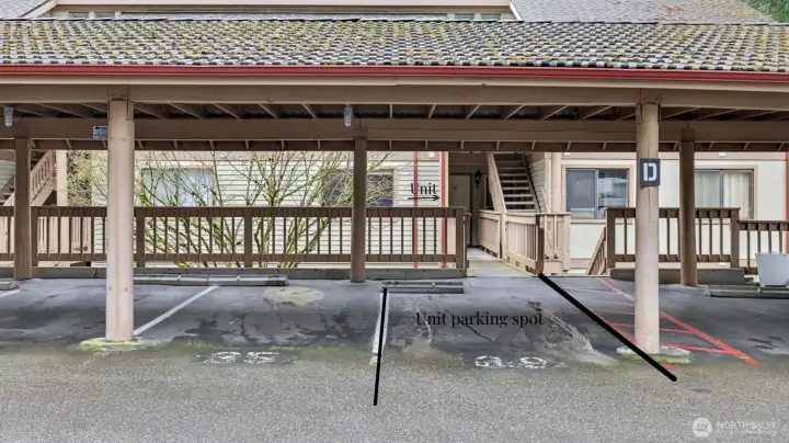 One assigned parking space located in front of the building. Guest parking spaces are also available down the lane.