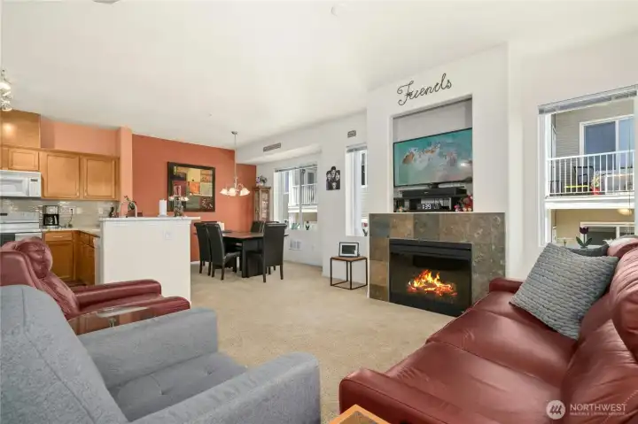 The light filled great room features an open floor plan.