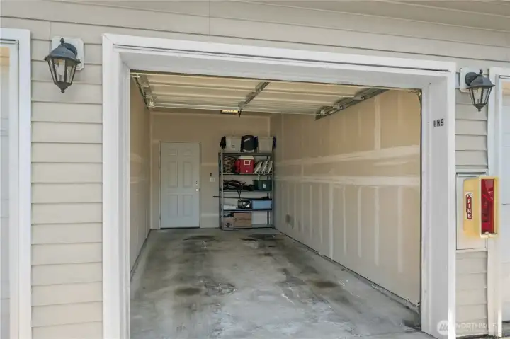 The detached garage has room for storage.