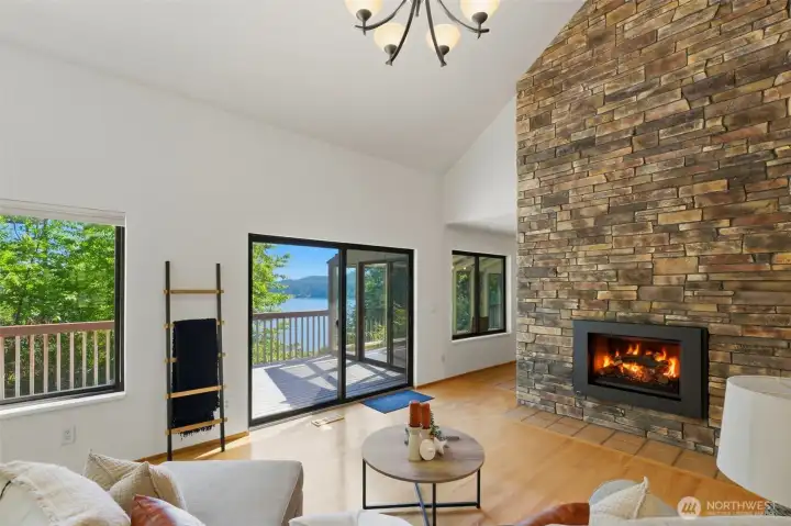 Floor to ceiling brick gas fireplace