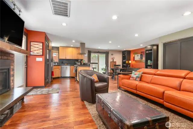 Open living room, dining room and kitchen