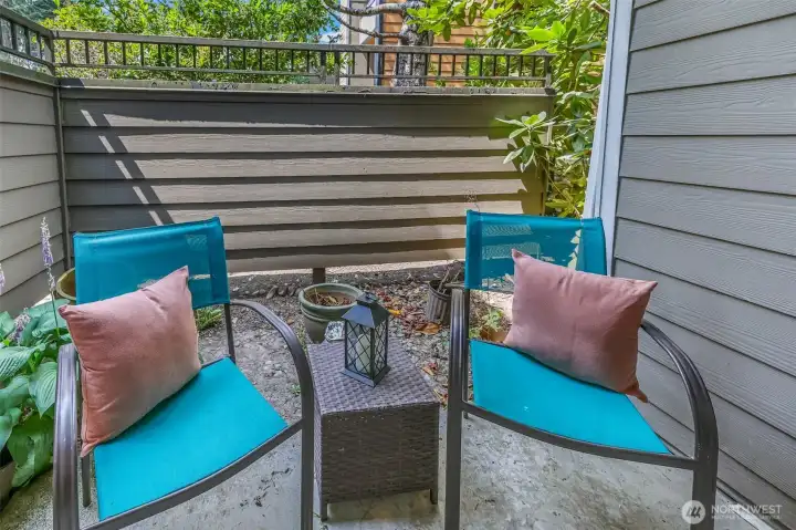 Private patio extends the living room outdoors—an intimate, fenced alcove ready for morning coffee, evening conversation, or container gardening in Kirkland’s mild climate.