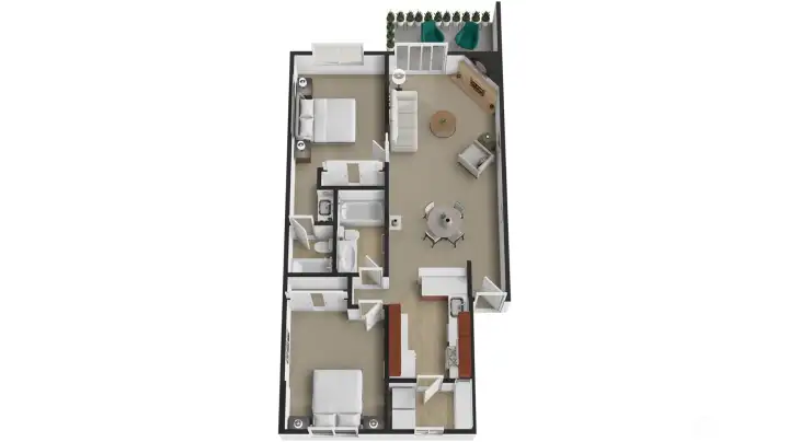 Three-dimensional rendering illustrates how the refreshed kitchen, generous living/dining zone, and private patio interconnect—showcasing the home’s seamless flow and flexible spaces for work, rest, and entertaining.