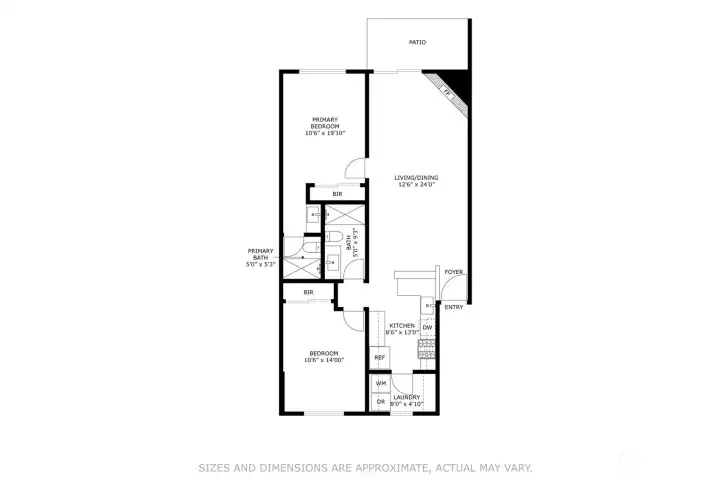 Detailed floor plan confirms the efficient 930 SF layout: open living/dining anchored by a patio, two spacious bedrooms positioned for privacy, dual full baths, an in-unit laundry room, and a galley kitchen with optimal workflow.