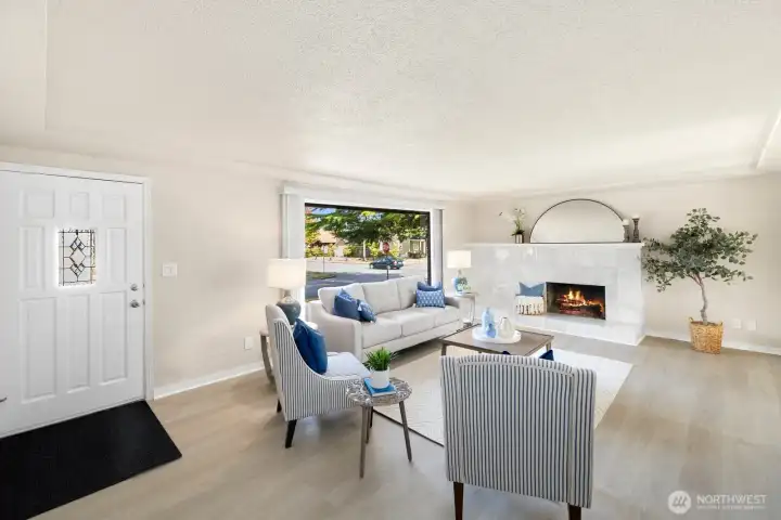 Spacious living room with gas fireplace