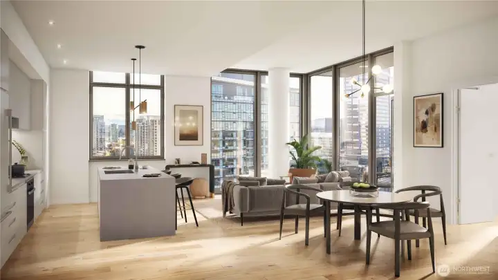 Rending of living room for similar home.