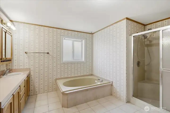 Primary bathroom with extra-large soaking tub and walk-in shower shower.