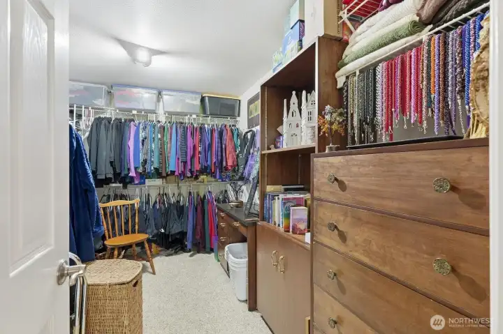 The primary suite includes an expansive walk-in closet with ample shelving and hanging space for a full wardrobe.