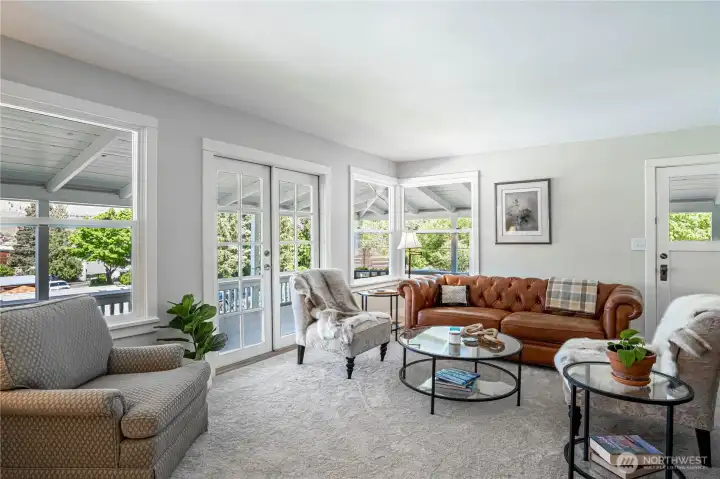 Sun filled Living area with French Doors