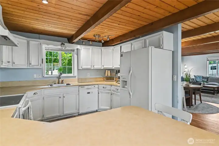 Open kitchen with abundant storage.