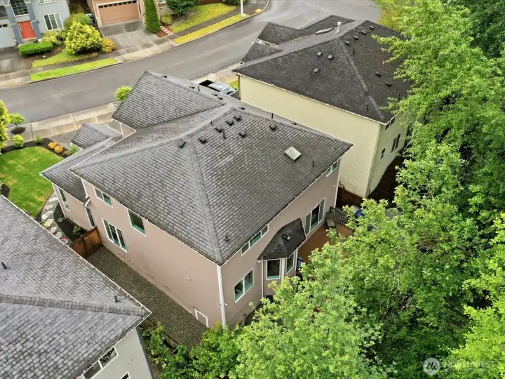 Bird's-eye view highlighting thoughtful landscaping and outdoor spaces. Bird's-eye view highlighting thoughtful landscaping and outdoor spaces.
