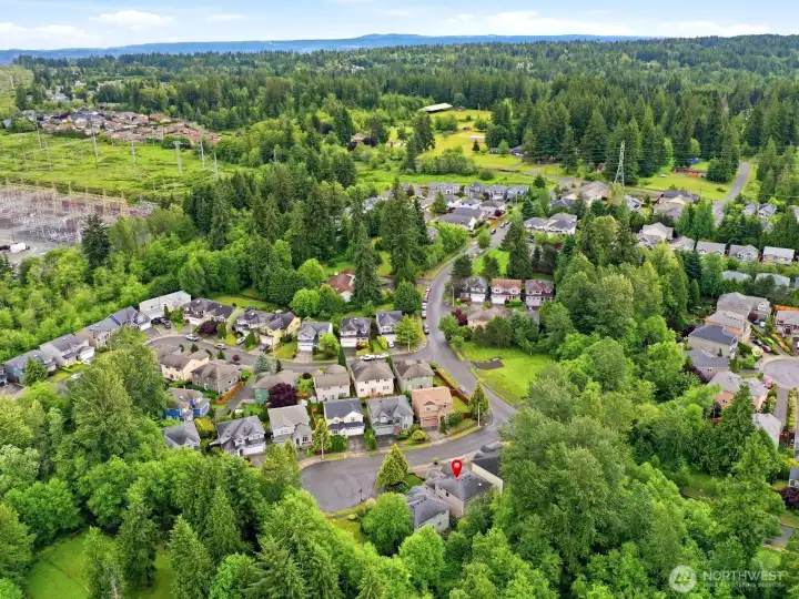 Aerial perspective showcasing the home's desirable cul-de-sac location. Aerial perspective showcasing the home's desirable cul-de-sac location.