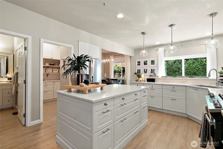 Stunning remodeled kitchen featuring a large quartz island, extensive cabinetry, and a spacious butler's pantry.