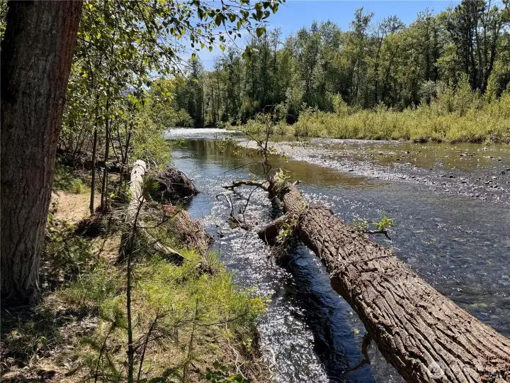 Approximately 425 feet of river frontage creates a remarkable natural setting.