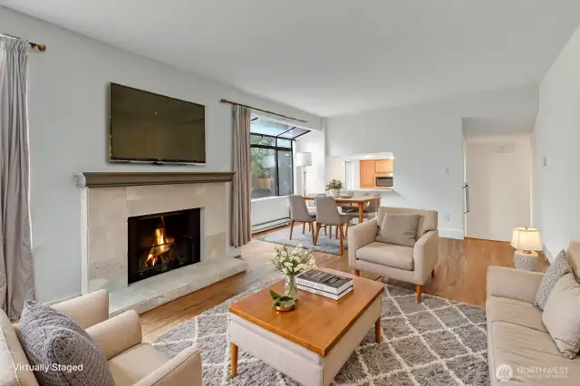Cozy wood burning fireplace