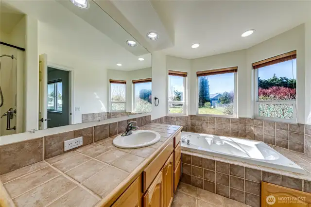 Primary bathroom with jetted bathtub, shower, large cabinet space, tile floor and great views.