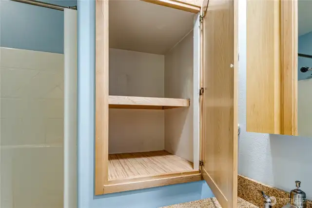 The second bathroom has a convenient, deep storage cabinet.