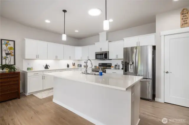 There are upgraded white cabinets in this spacious kitchen w/under cabinet lighting, quartz countertops, electric range and pantry!