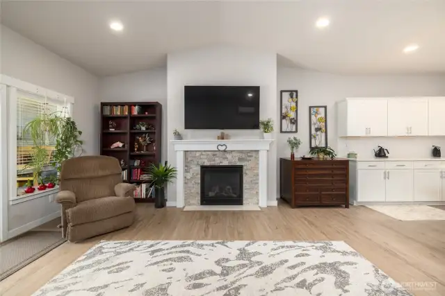The ceilings are 9' tall throughout the home and the ceiling is vaulted in the great room.