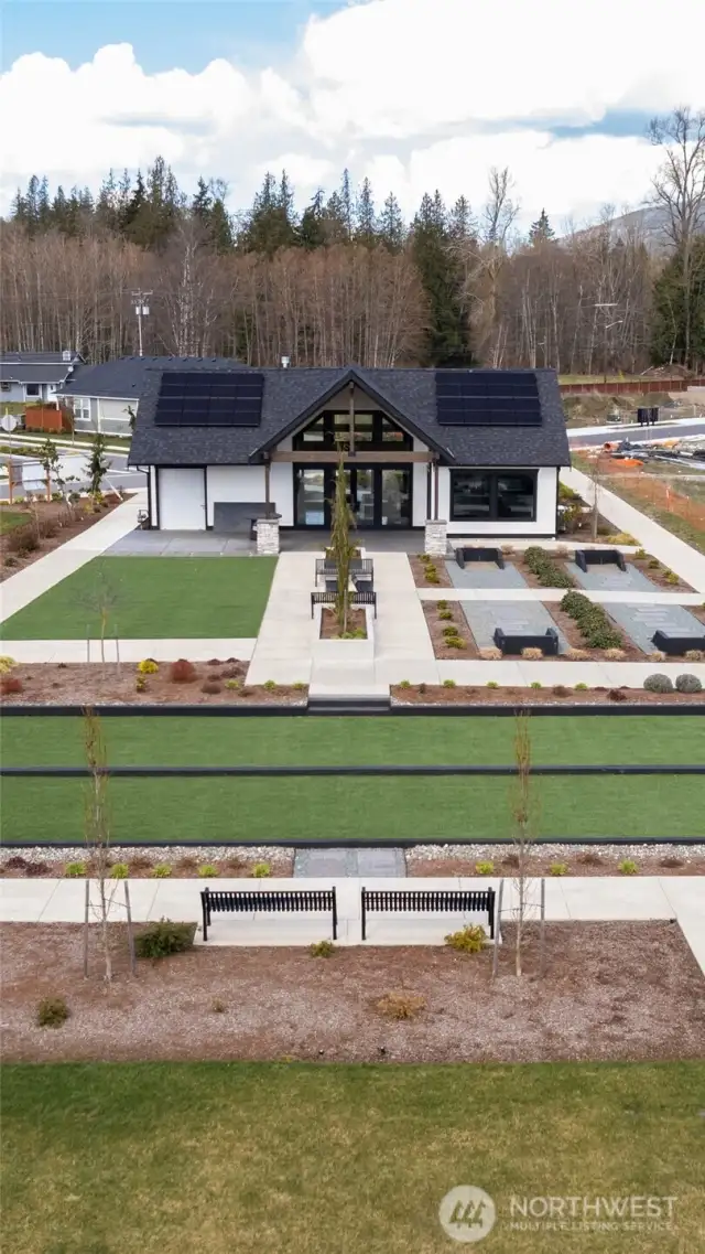 Clubhouse has bocce ball pits, horseshoe pits and an area for lawn games.  There is a pickleball court at the other end of the almost one acre park.
