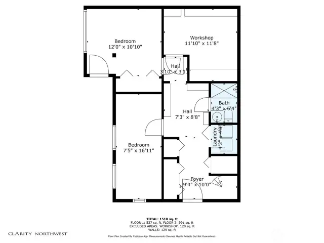 Floor plan for the lower level, shows where there is a work/storage room and the lower level bathroom.