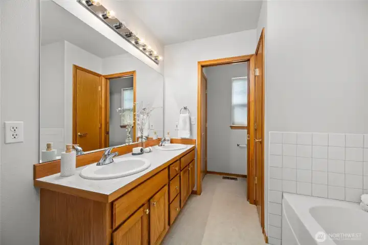 The en-suite primary, five piece bathroom is a dream.