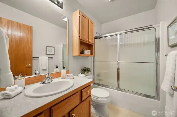 Full hall bathroom is has everything your guests will need.