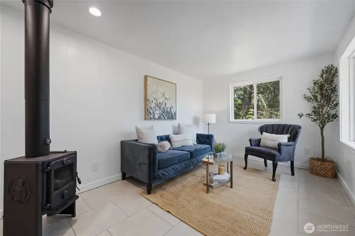 Living room with wood stove