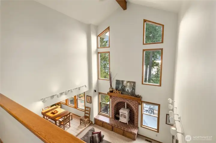 Looking at the living room from the upstairs balcony.