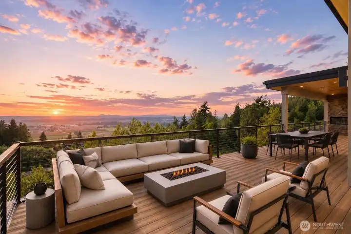 Step out to your big deck, w/covered area including built-in grill & fireplace. Photo is virtually staged.
