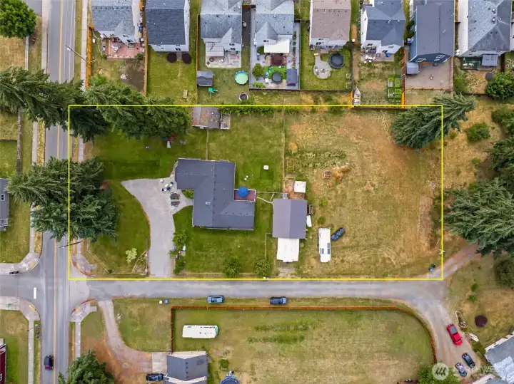 Overhead view showing the whole property. Front 2/3 is all fully fenced and cross-fenced with a gate to your front parking area. Potential to subdivide this lot as well.
