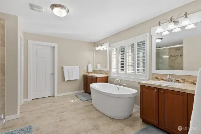 Primary bath with large soaking tub, oversized shower to the left, water closet also to the left next to the closed door, which is the primary walk in closet.