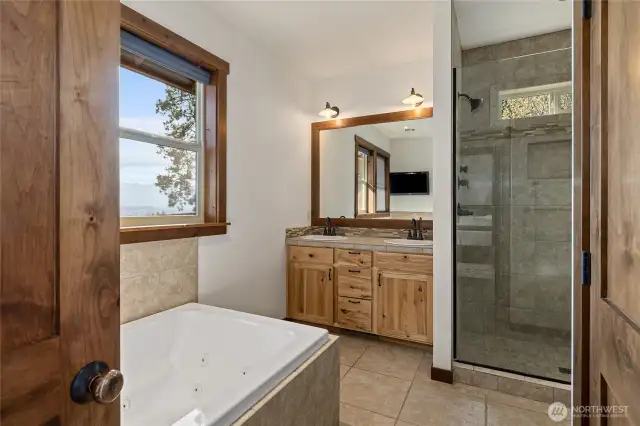 Gorgeous primary bathroom with walk in shower, soaking tub and walk in closet.