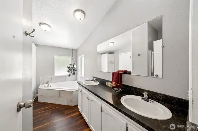 Primary bath with large soaking tub and dual sinks.