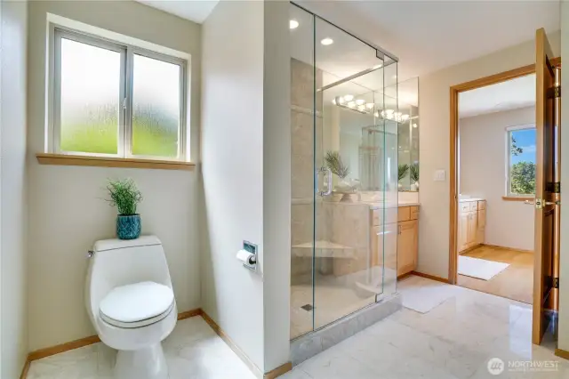 Primary suite showing both vanities & shower.