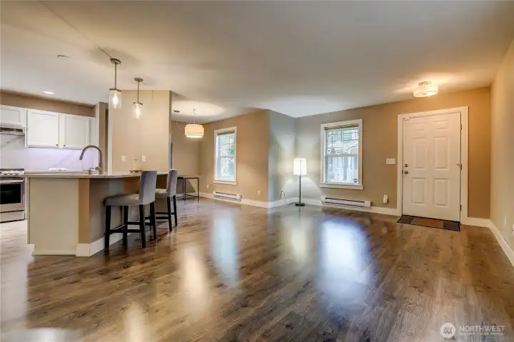 view of the living room and kitchen island