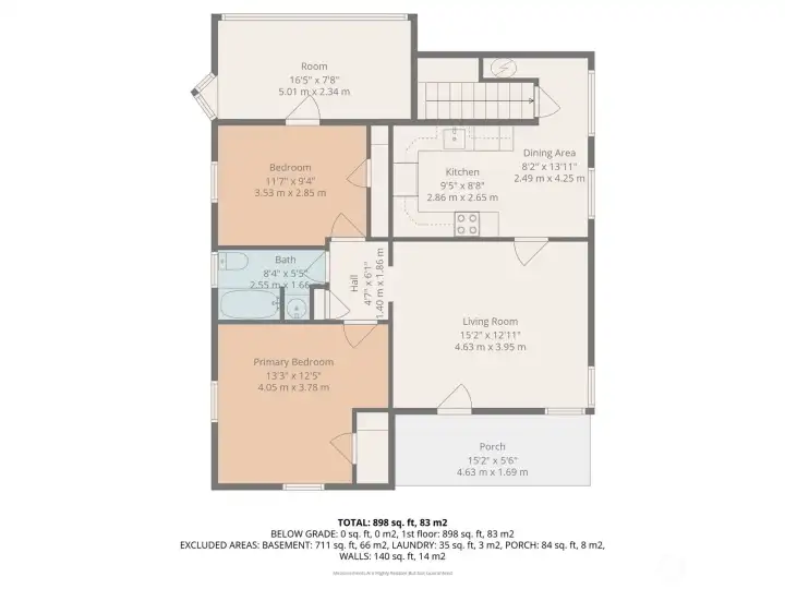 House floorplan Approx. 898 sf of finished living space with approx. 711 sf of unfinished basement space.  Buyer to verify.