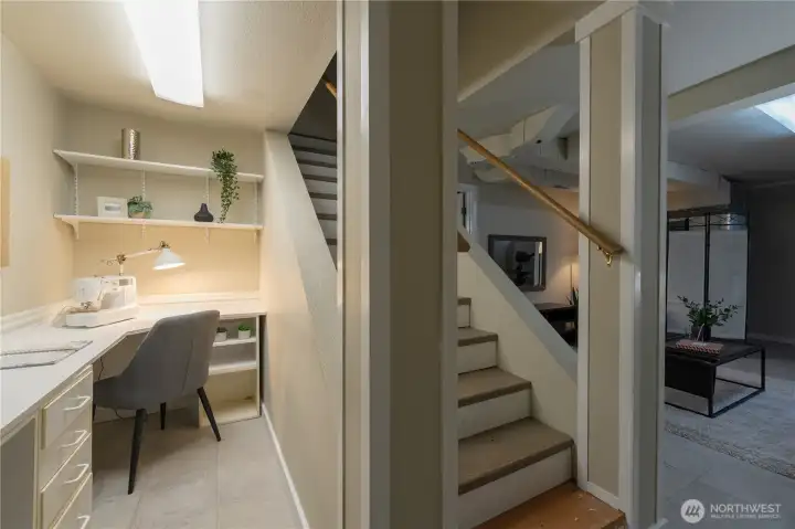 Basement with built in work station.