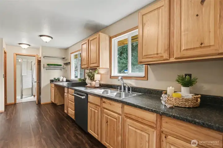 Plenty of space for the chef to enjoy Cafe appliances and new floors.